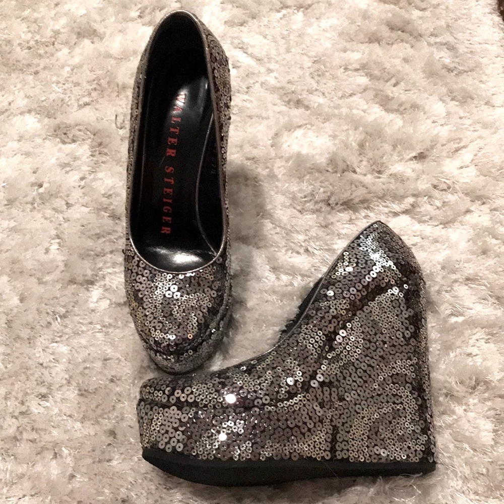 New Walter Steiger Sequin Platform Silver 37.5 - image 1